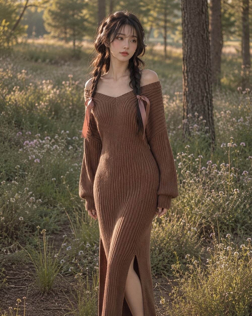 Forest Paths & Fireside Comfort cocoa slouchy ribbed billowy sweater dress maxi